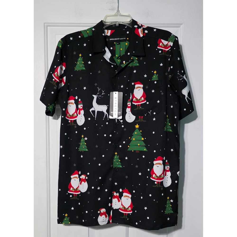 Molokai Surf Co Mens Christmas Shirt Medium Black Santa Snowman Reindeer NWT